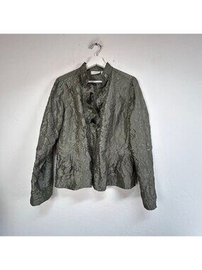 Chico's Crinkle Ruffle Button-Front High Neck Jacket Size 1 Green Lightweight